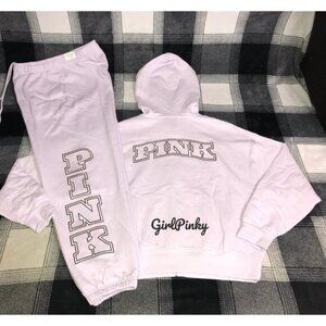 VS PINK CAMPUS SWEATPANTS OUTFIT WITH FULL ZIP LOGO HOODIE IN PURPLE